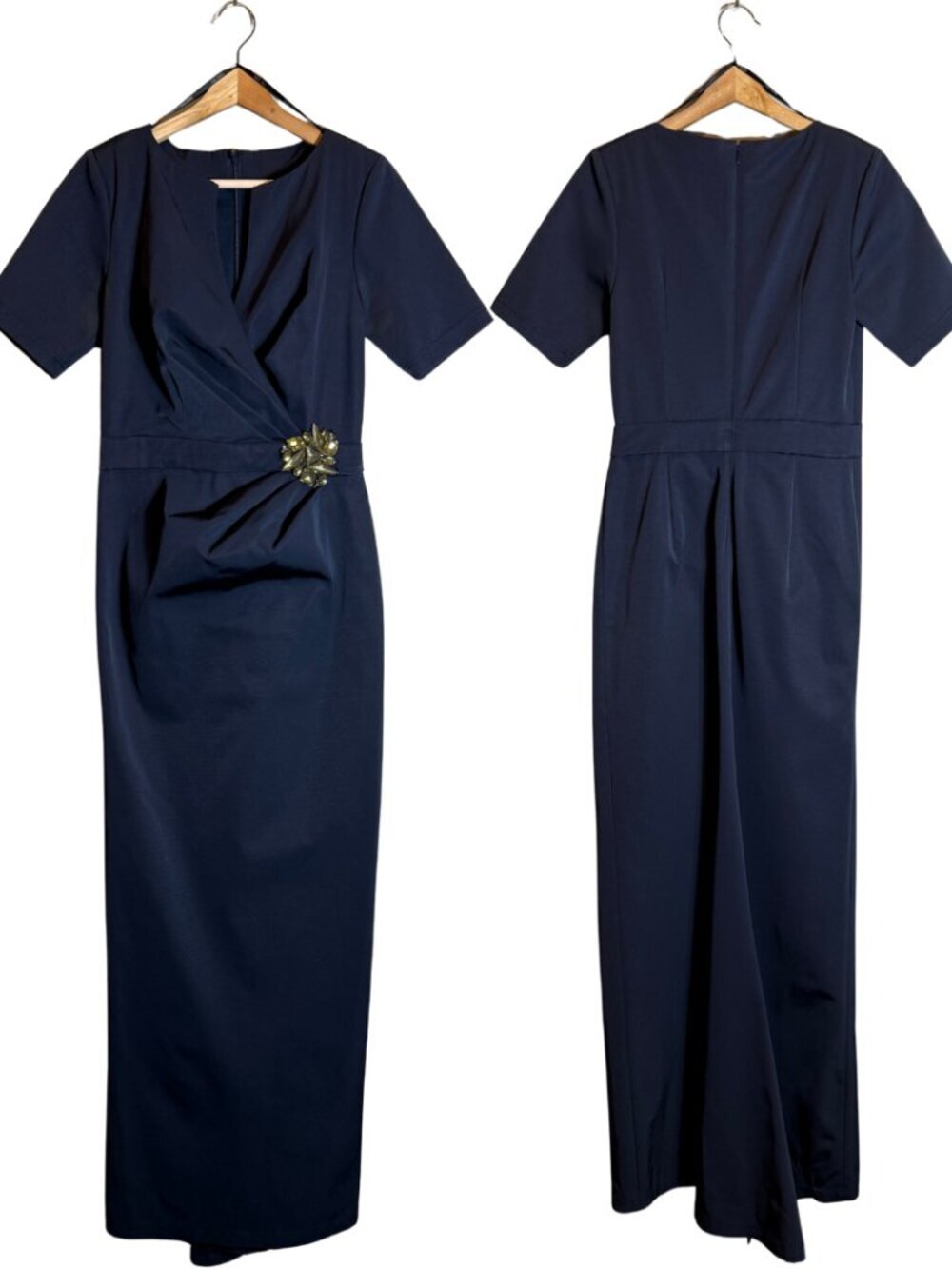 Tadashi Shoji Evening Formal Maxi Gown Women's 6 Navy Jeweled Wedding Ruched